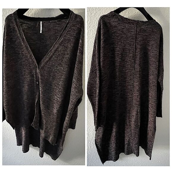 Free People Black Knit Soft Relaxed V Neck Button Dow Duster Sweater Stretch S/M - Picture 3 of 16